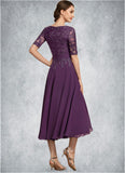 Nina A-line V-Neck Tea-Length Chiffon Lace Mother of the Bride Dress With Sequins STK126P0014561