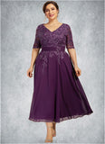 Nina A-line V-Neck Tea-Length Chiffon Lace Mother of the Bride Dress With Sequins STK126P0014561