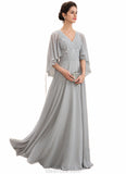 Frances A-line V-Neck Floor-Length Chiffon Lace Mother of the Bride Dress With Beading Sequins STK126P0014563