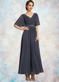 Aurora A-Line V-neck Ankle-Length Chiffon Mother of the Bride Dress With Ruffle Beading Sequins STK126P0014564