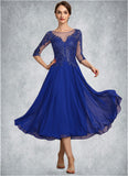 Cassidy A-Line Scoop Neck Tea-Length Chiffon Lace Mother of the Bride Dress With Sequins STK126P0014565