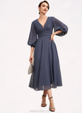 Gracie A-Line V-neck Tea-Length Chiffon Mother of the Bride Dress With Ruffle STK126P0014566