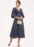 Gracie A-Line V-neck Tea-Length Chiffon Mother of the Bride Dress With Ruffle STK126P0014566