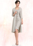 Ellie Sheath/Column V-neck Knee-Length Lace Mother of the Bride Dress STK126P0014570