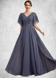 Leah A-line V-Neck Floor-Length Chiffon Lace Mother of the Bride Dress With Beading Sequins STK126P0014571