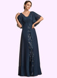 Lily Sheath/Column V-neck Floor-Length Chiffon Lace Mother of the Bride Dress With Ruffle Sequins STK126P0014573