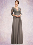 Hope A-Line V-neck Floor-Length Chiffon Lace Mother of the Bride Dress With Sequins STK126P0014574