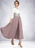 Chaya A-Line V-neck Tea-Length Chiffon Lace Mother of the Bride Dress STK126P0014575