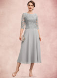 Cora A-Line Scoop Neck Tea-Length Chiffon Lace Mother of the Bride Dress With Sequins STK126P0014580