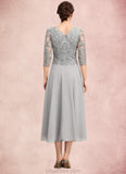 Cora A-Line Scoop Neck Tea-Length Chiffon Lace Mother of the Bride Dress With Sequins STK126P0014580