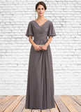 Iris A-Line V-neck Floor-Length Chiffon Mother of the Bride Dress With Ruffle STK126P0014581