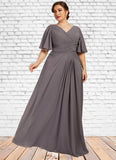 Iris A-Line V-neck Floor-Length Chiffon Mother of the Bride Dress With Ruffle STK126P0014581