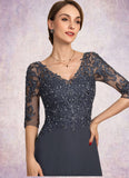 Judy A-line V-Neck Asymmetrical Chiffon Lace Mother of the Bride Dress With Beading Sequins STK126P0014584