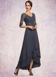 Judy A-line V-Neck Asymmetrical Chiffon Lace Mother of the Bride Dress With Beading Sequins STK126P0014584