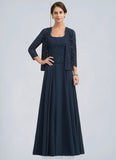 Pearl A-Line Square Neckline Floor-Length Chiffon Lace Mother of the Bride Dress With Sequins STK126P0014587