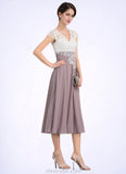 Avery A-Line V-neck Tea-Length Chiffon Lace Mother of the Bride Dress STK126P0014588