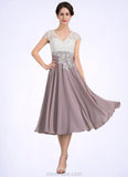 Avery A-Line V-neck Tea-Length Chiffon Lace Mother of the Bride Dress STK126P0014588