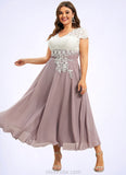 Avery A-Line V-neck Tea-Length Chiffon Lace Mother of the Bride Dress STK126P0014588