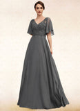 Ainsley A-line V-Neck Floor-Length Chiffon Lace Mother of the Bride Dress With Beading Sequins STK126P0014589