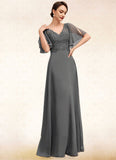 Ainsley A-line V-Neck Floor-Length Chiffon Lace Mother of the Bride Dress With Beading Sequins STK126P0014589