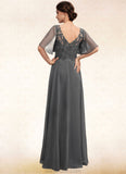 Ainsley A-line V-Neck Floor-Length Chiffon Lace Mother of the Bride Dress With Beading Sequins STK126P0014589