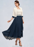 Shiloh A-Line Square Neckline Tea-Length Chiffon Mother of the Bride Dress With Beading Sequins Pleated STK126P0014594