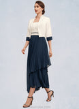 Shiloh A-Line Square Neckline Tea-Length Chiffon Mother of the Bride Dress With Beading Sequins Pleated STK126P0014594