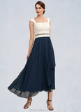 Shiloh A-Line Square Neckline Tea-Length Chiffon Mother of the Bride Dress With Beading Sequins Pleated STK126P0014594