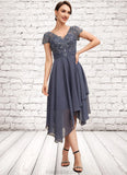 Johanna A-Line V-neck Asymmetrical Chiffon Lace Mother of the Bride Dress With Ruffle STK126P0014596