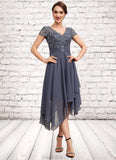 Johanna A-Line V-neck Asymmetrical Chiffon Lace Mother of the Bride Dress With Ruffle STK126P0014596