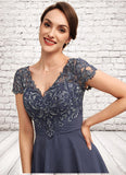 Johanna A-Line V-neck Asymmetrical Chiffon Lace Mother of the Bride Dress With Ruffle STK126P0014596