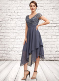 Johanna A-Line V-neck Asymmetrical Chiffon Lace Mother of the Bride Dress With Ruffle STK126P0014596