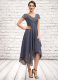 Johanna A-Line V-neck Asymmetrical Chiffon Lace Mother of the Bride Dress With Ruffle STK126P0014596