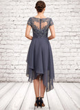 Johanna A-Line V-neck Asymmetrical Chiffon Lace Mother of the Bride Dress With Ruffle STK126P0014596