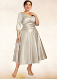 Savannah A-Line V-neck Tea-Length Satin Mother of the Bride Dress With Ruffle STK126P0014598