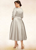 Savannah A-Line V-neck Tea-Length Satin Mother of the Bride Dress With Ruffle STK126P0014598