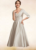 Savannah A-Line V-neck Tea-Length Satin Mother of the Bride Dress With Ruffle STK126P0014598