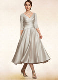 Savannah A-Line V-neck Tea-Length Satin Mother of the Bride Dress With Ruffle STK126P0014598