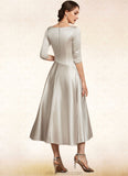 Savannah A-Line V-neck Tea-Length Satin Mother of the Bride Dress With Ruffle STK126P0014598