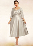 Savannah A-Line V-neck Tea-Length Satin Mother of the Bride Dress With Ruffle STK126P0014598