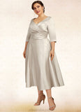 Savannah A-Line V-neck Tea-Length Satin Mother of the Bride Dress With Ruffle STK126P0014598