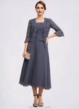 Abby A-Line Square Neckline Tea-Length Chiffon Lace Mother of the Bride Dress With Beading STK126P0014601