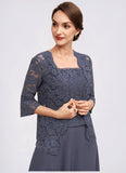 Abby A-Line Square Neckline Tea-Length Chiffon Lace Mother of the Bride Dress With Beading STK126P0014601