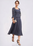 Abby A-Line Square Neckline Tea-Length Chiffon Lace Mother of the Bride Dress With Beading STK126P0014601