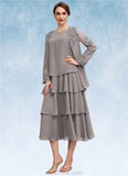 Genesis A-Line Scoop Neck Tea-Length Chiffon Mother of the Bride Dress With Cascading Ruffles STK126P0014603