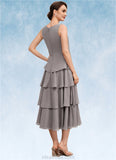 Genesis A-Line Scoop Neck Tea-Length Chiffon Mother of the Bride Dress With Cascading Ruffles STK126P0014603