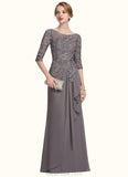 Amaya A-Line Scoop Neck Floor-Length Chiffon Lace Mother of the Bride Dress With Cascading Ruffles STK126P0014608