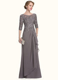 Amaya A-Line Scoop Neck Floor-Length Chiffon Lace Mother of the Bride Dress With Cascading Ruffles STK126P0014608