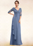 Julia A-Line V-neck Floor-Length Chiffon Lace Mother of the Bride Dress With Cascading Ruffles STK126P0014609