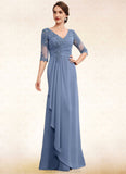 Julia A-Line V-neck Floor-Length Chiffon Lace Mother of the Bride Dress With Cascading Ruffles STK126P0014609